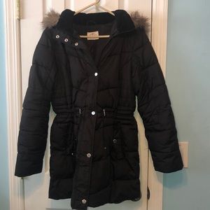 Black, down coat. With fur hood.